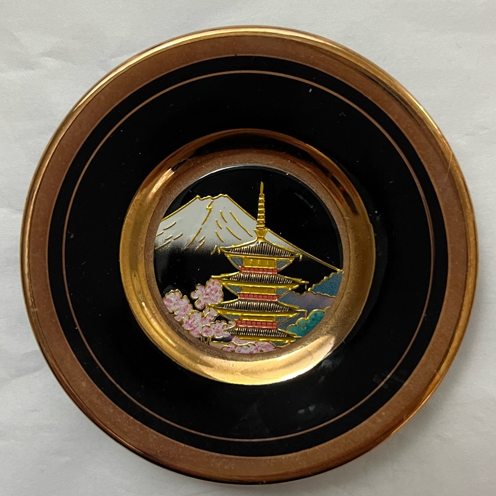 The Art of Chokin pagoda cherry blossom Mount Fuji porcelain miniature art plate